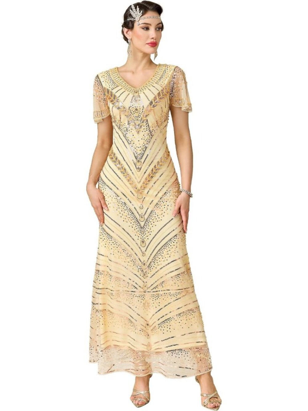 1920s Vintage Flapper Dress | V-Neck Sequin Beaded Maxi for Evening Party